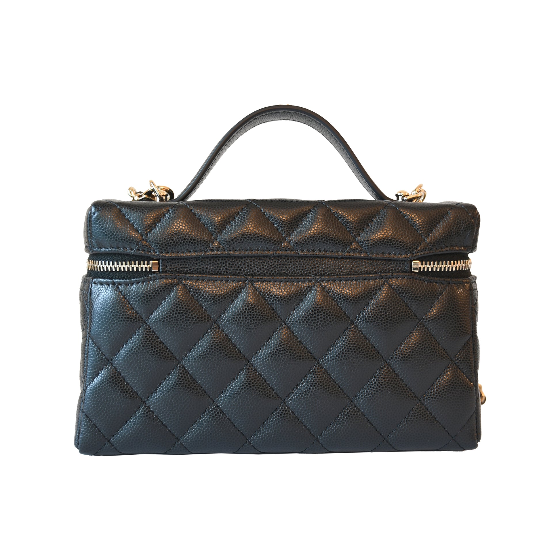 Chanel CC Quilted Grained Shiny Calfskin Top Handle Long Chain Vanity Case L19 Black-NOBLEMARS