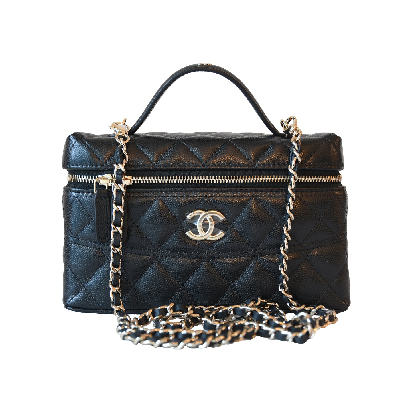 Chanel CC Quilted Grained Shiny Calfskin Top Handle Long Chain Vanity Case L19 Black-NOBLEMARS