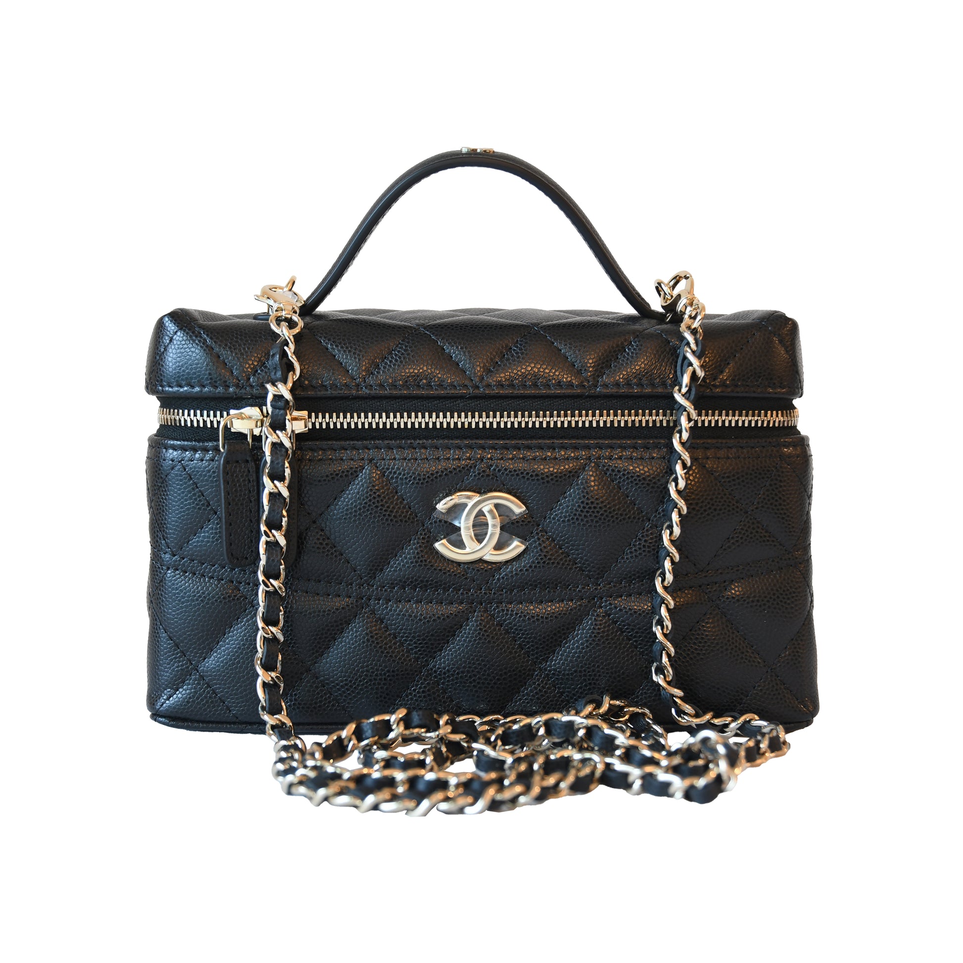 Chanel CC Quilted Grained Shiny Calfskin Top Handle Long Chain Vanity Case L19 Black-NOBLEMARS