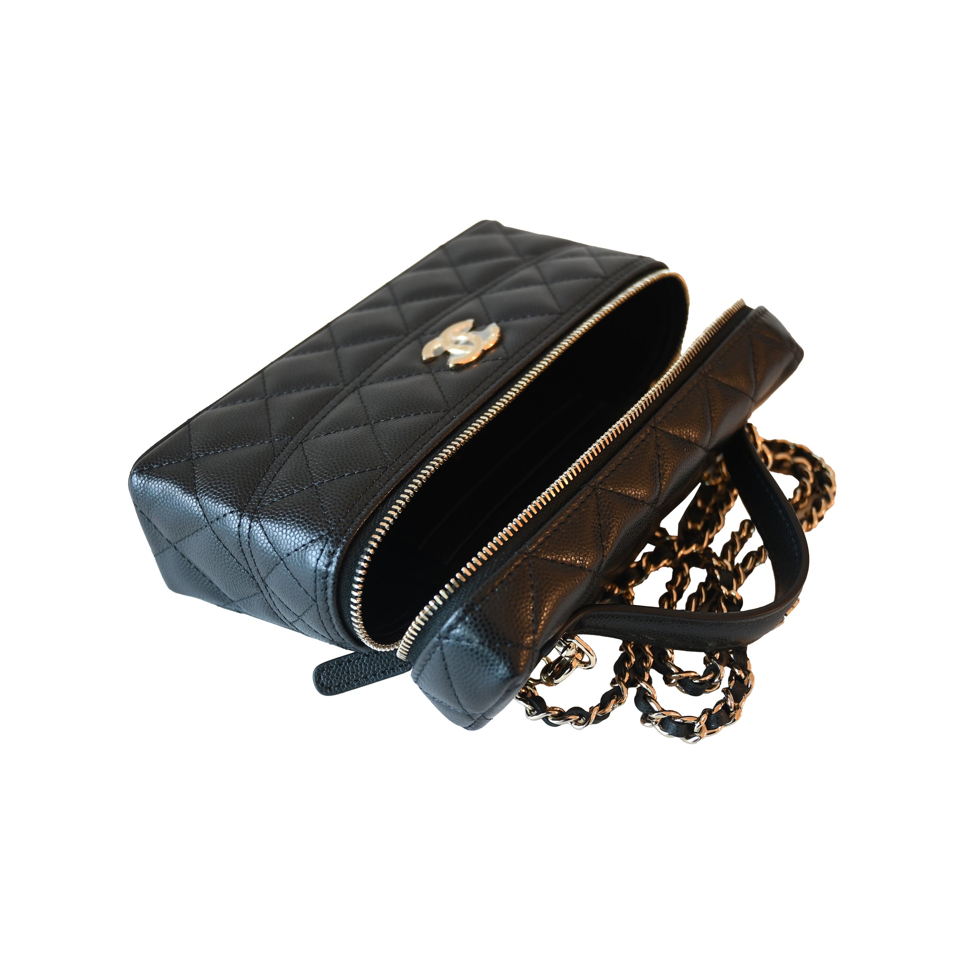 Chanel CC Quilted Grained Shiny Calfskin Top Handle Long Chain Vanity Case L19 Black-NOBLEMARS