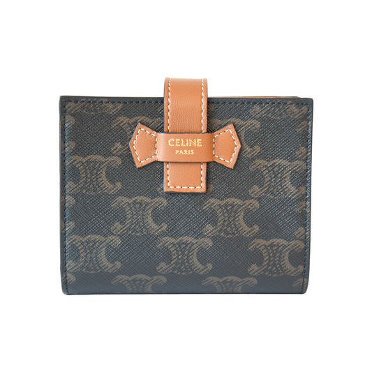 Celine Small Strap Bifold Wallet Purse Triomphe Canvas Leather Tan-NOBLEMARS