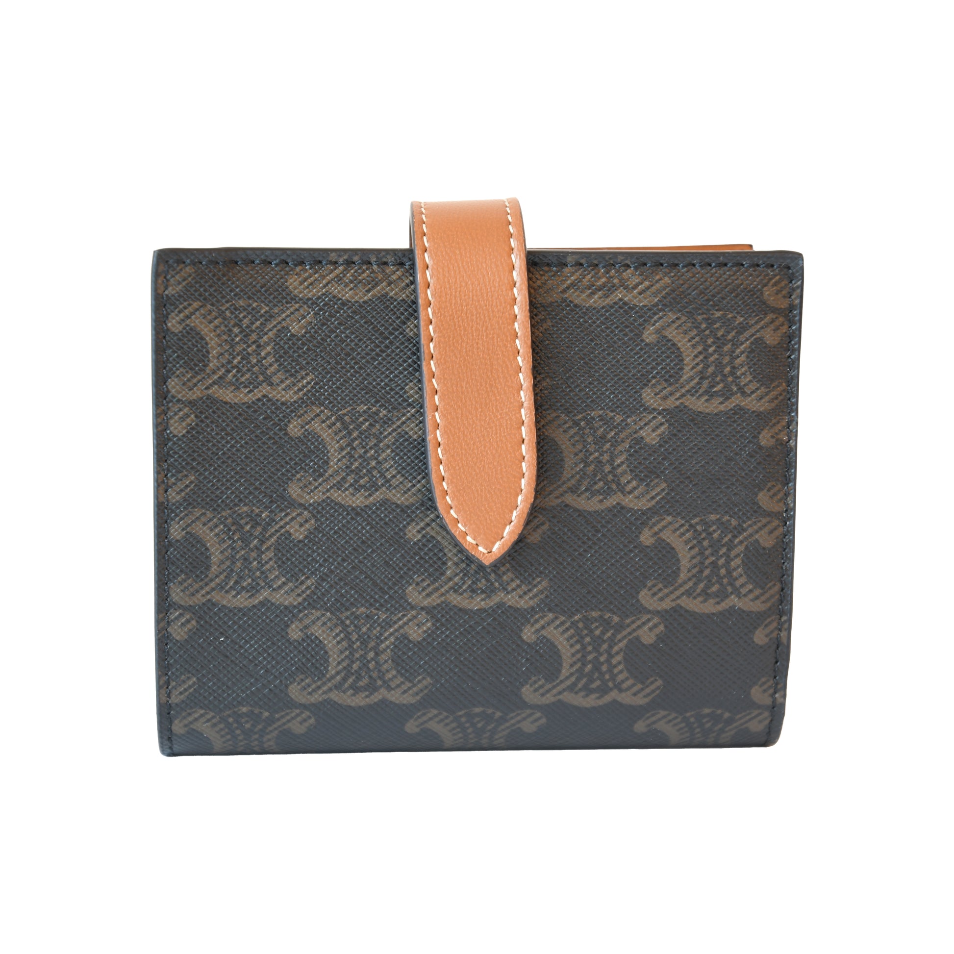 Celine Small Strap Bifold Wallet Purse Triomphe Canvas Leather Tan-NOBLEMARS