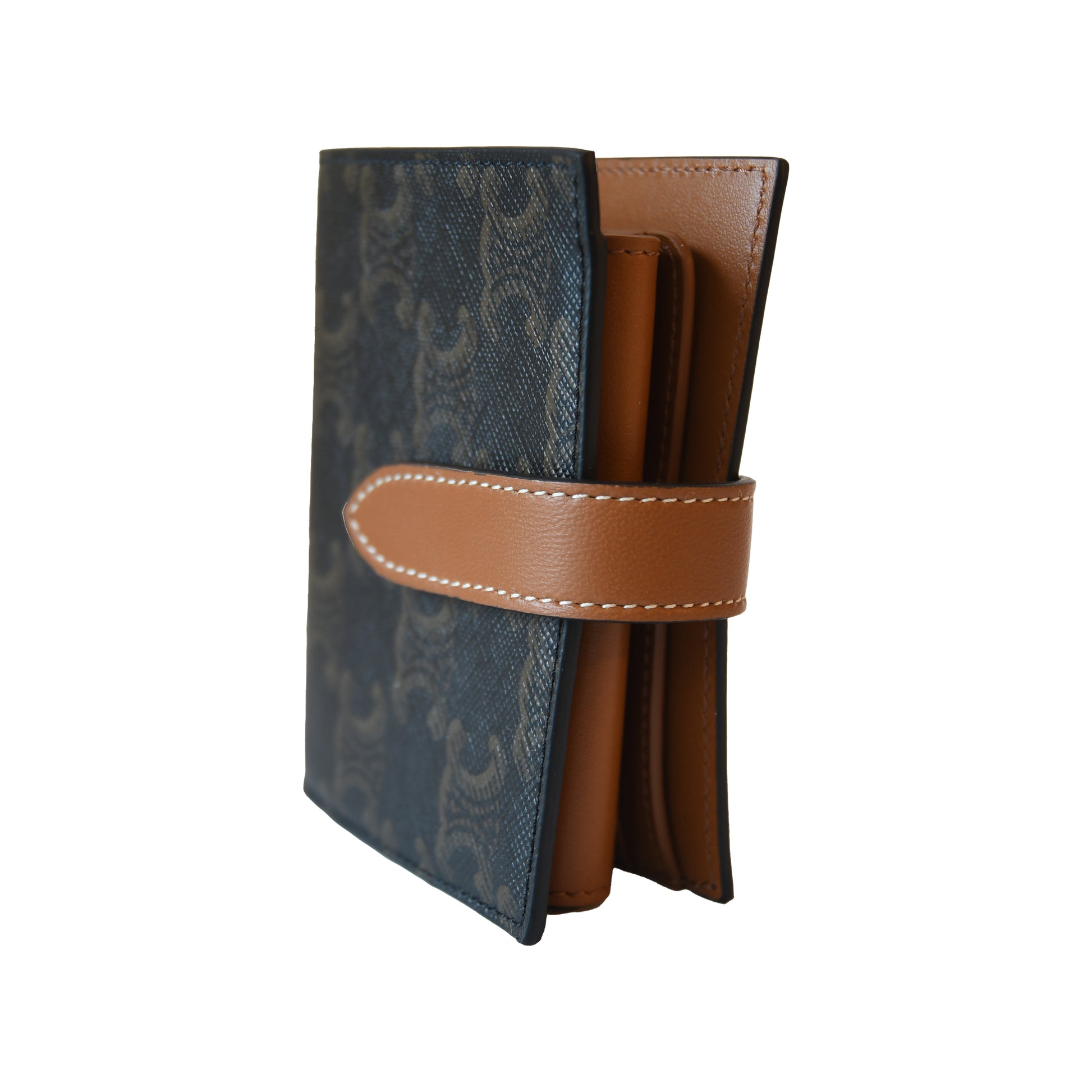 Celine Small Strap Bifold Wallet Purse Triomphe Canvas Leather Tan-NOBLEMARS