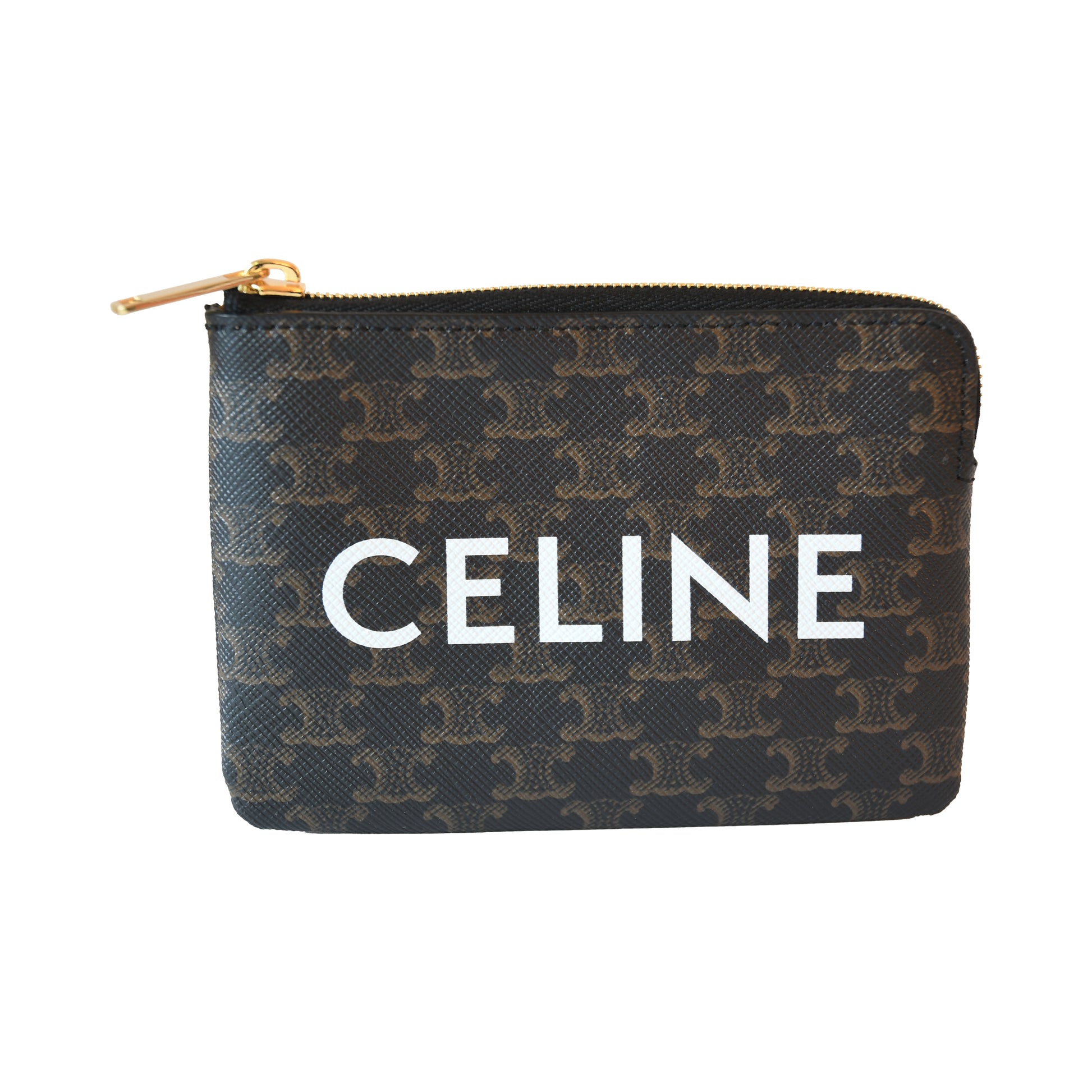 Celine Triomphe Canvas Logo Coin and Card Pouch With Hook Black-NOBLEMARS
