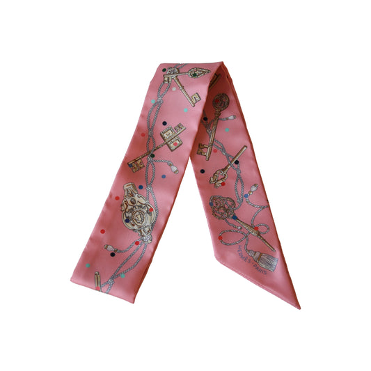 Hermes Les Cles A Pois Silk Twilly Scarf Pink
