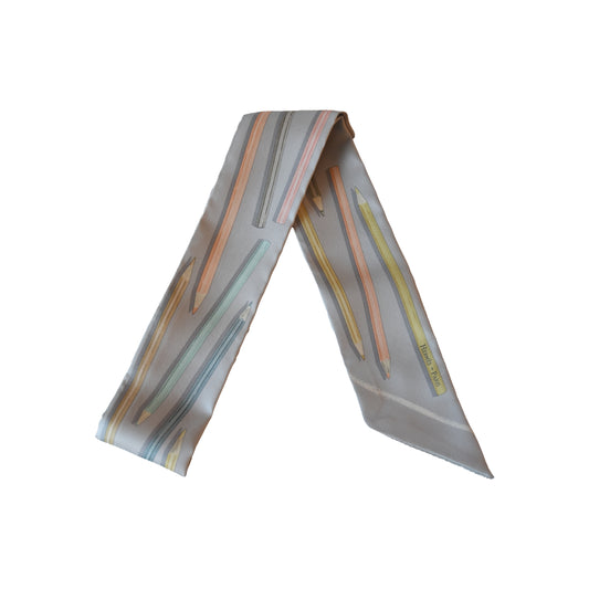 Hermes A Vos Crayons Et Carre Libre Silk Twilly Scarf Gris Perle