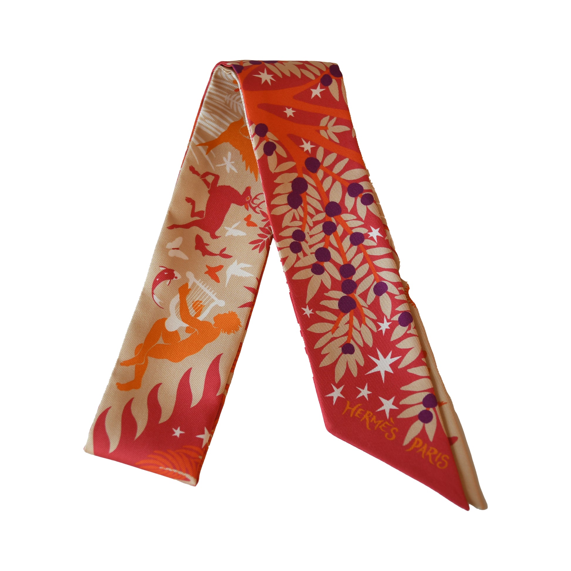 Hermes Sous Le Charme D'Orphee Silk Twilly Scarf vermillon-NOBLEMARS