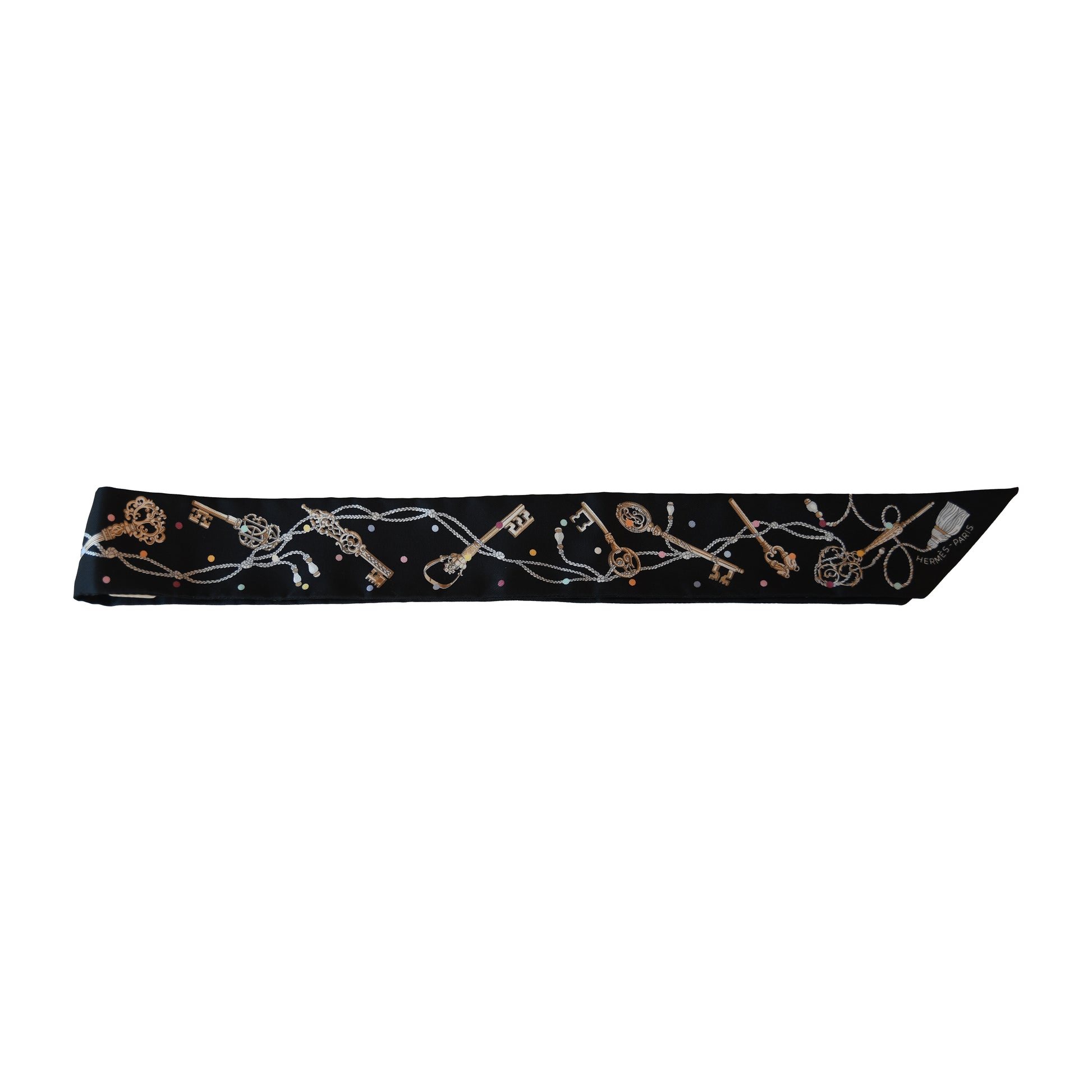 Hermes Les Cles A Pois Silk Twilly Scarf Black-NOBLEMARS
