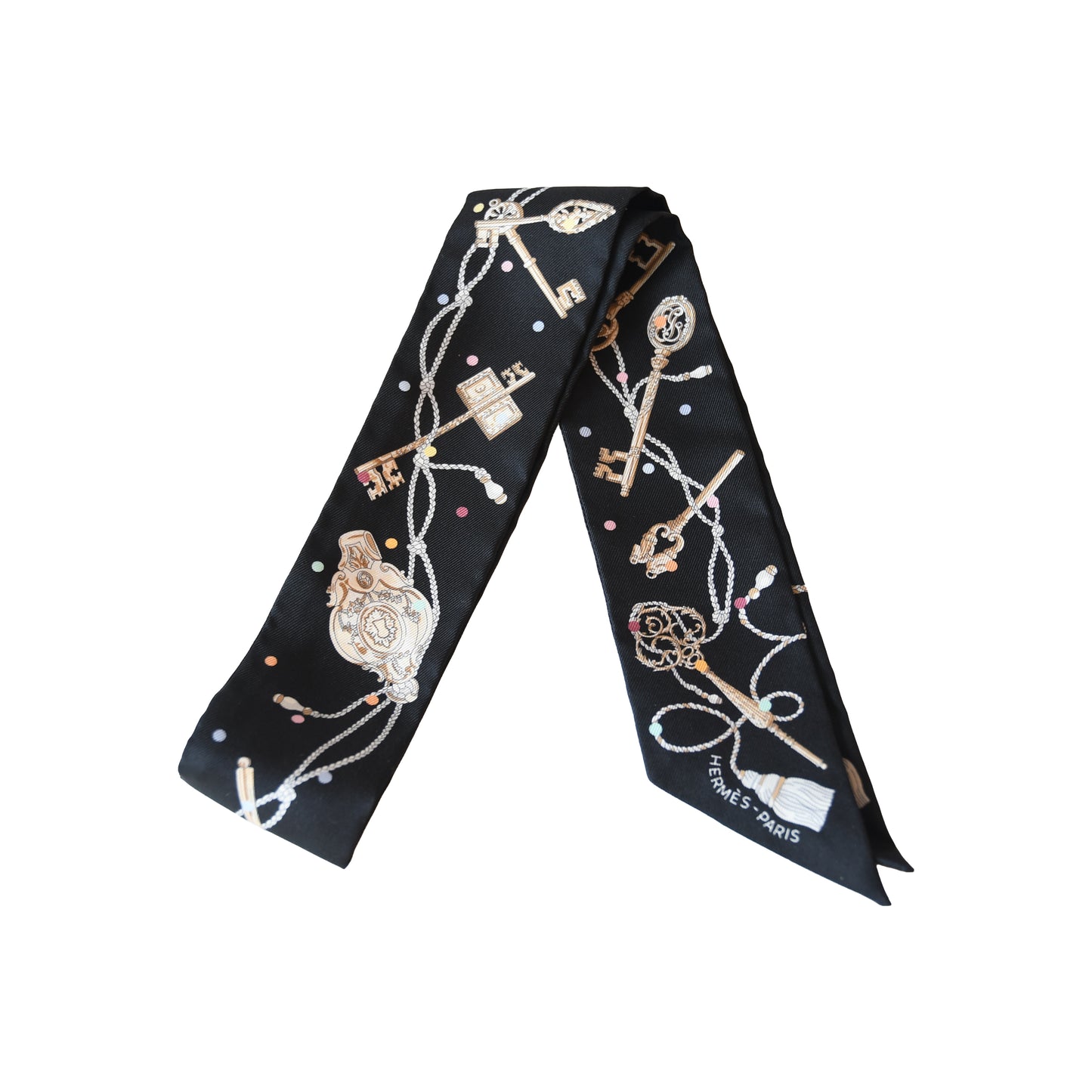 Hermes Les Cles A Pois Silk Twilly Scarf Black-NOBLEMARS