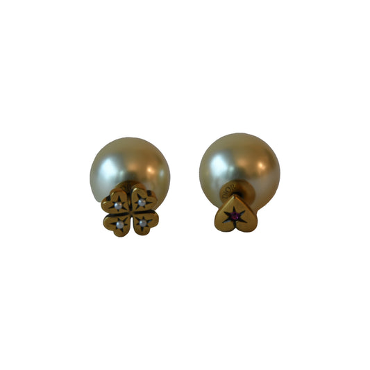 Dior Tribales Clover and Heart Pearl Stud Earrings Gold-NOBLEMARS
