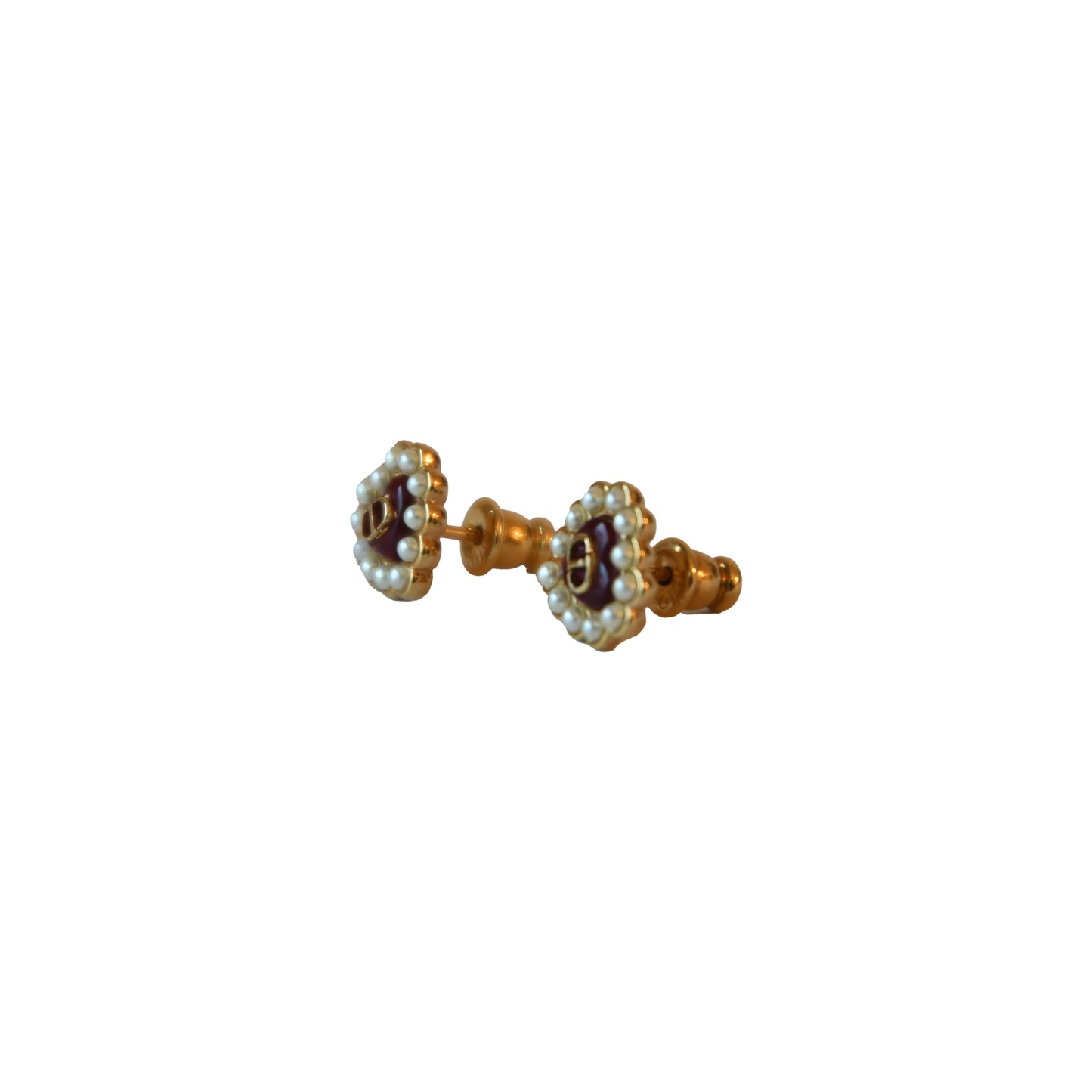 Dior Tribales Petit CD Baroque Heart Pearl Stud Earrings Red Gold-NOBLEMARS