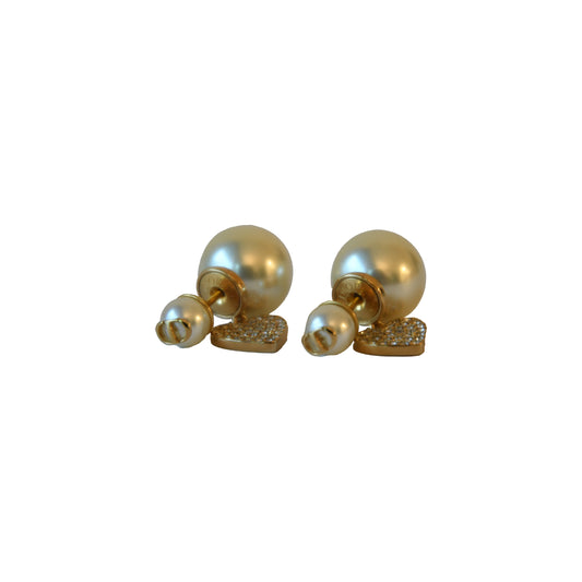 Dior Tribales CD Logo With Pearl and Crystal Strass Heart Stud Earrings Gold-NOBLEMARS