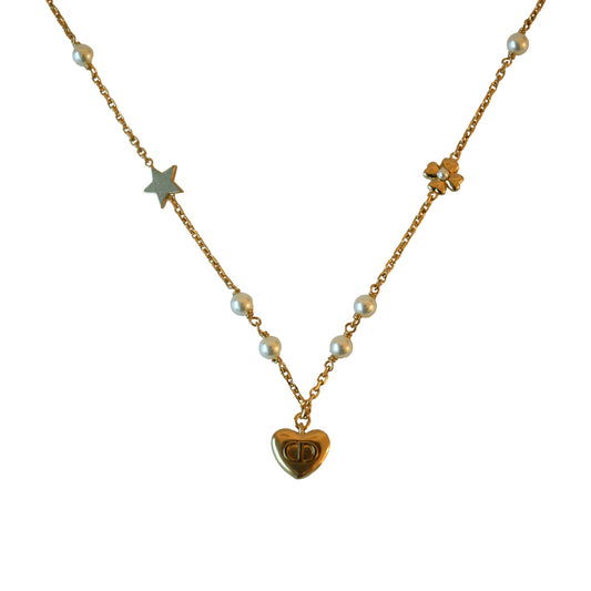 Dior Petit CD Lucky Charms With Pearls Stars Hearts Clover Necklace Gold-NOBLEMARS