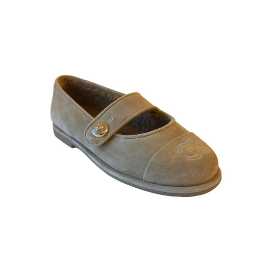 Chanel 25B Beige Suede Calfskin Mary Janes Moccasin Ballet Loafer Flat Beige