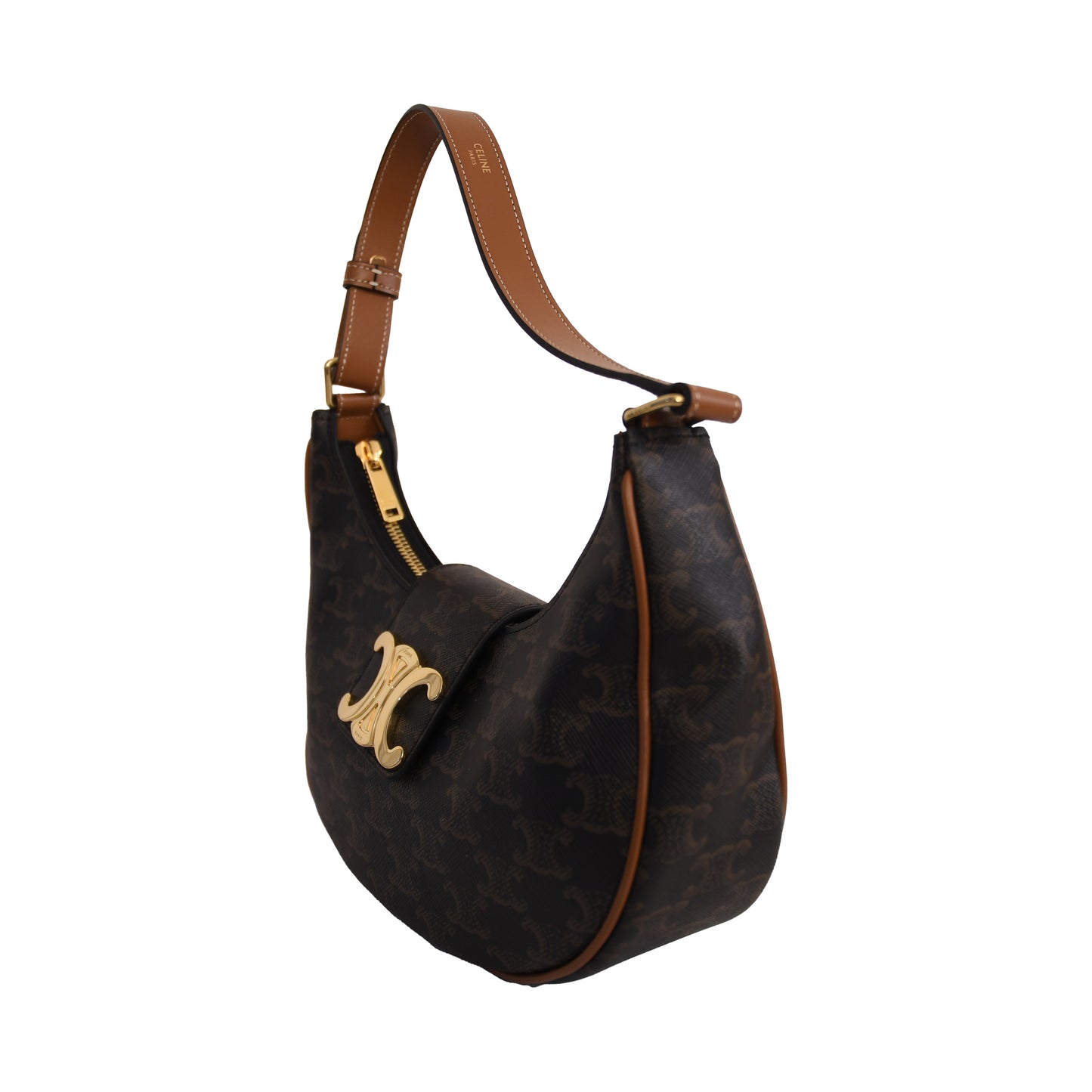 Celine Medium Ava Triomphe Canvas Calfskin Shoulder Bag Tan-NOBLEMARS