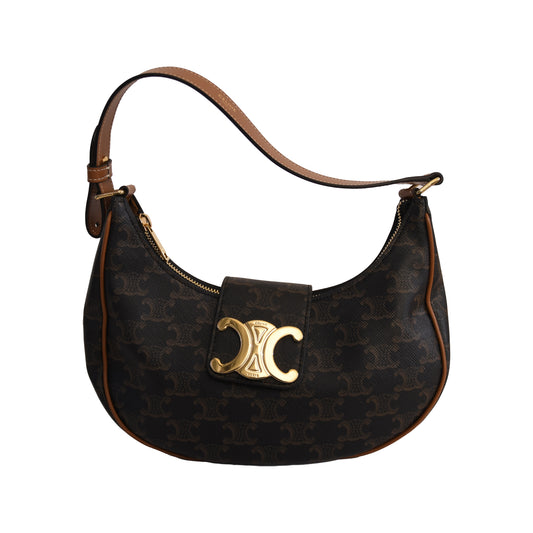 Celine Medium Ava Triomphe Canvas Calfskin Shoulder Bag Tan-NOBLEMARS