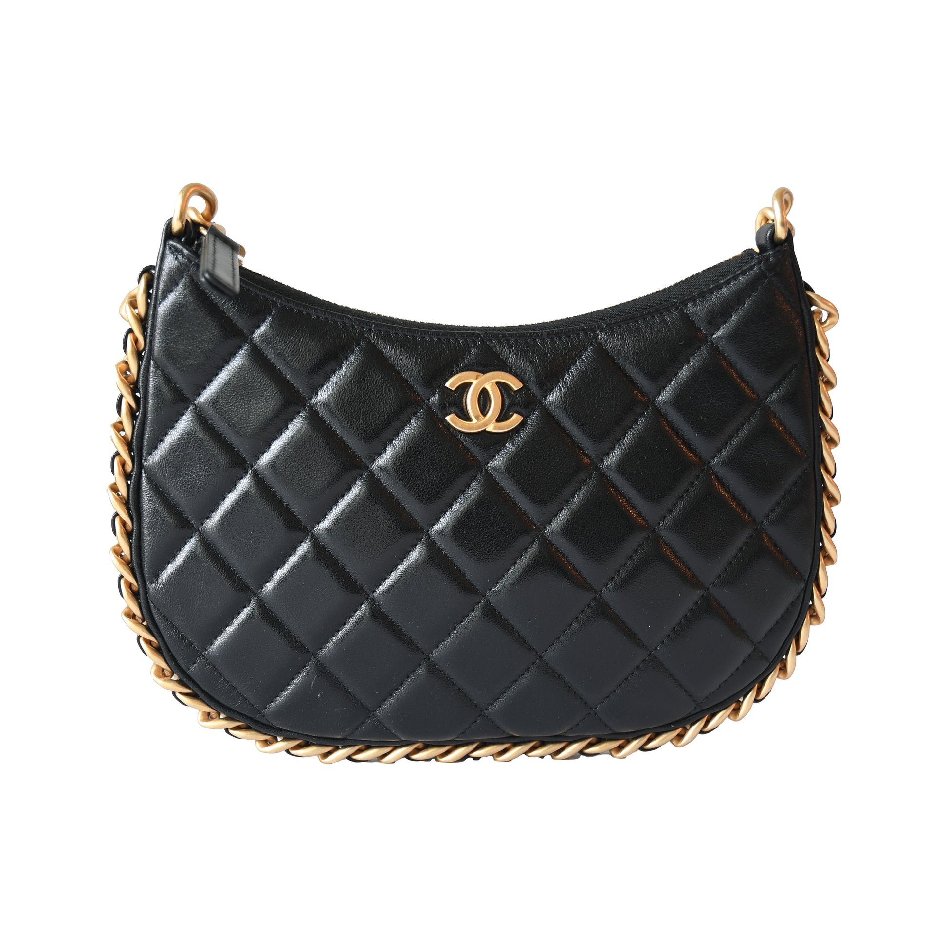 Chanel Quilted Lambskin Round Hobo Shoulder Bag Gold Hardware Black-NOBLEMARS