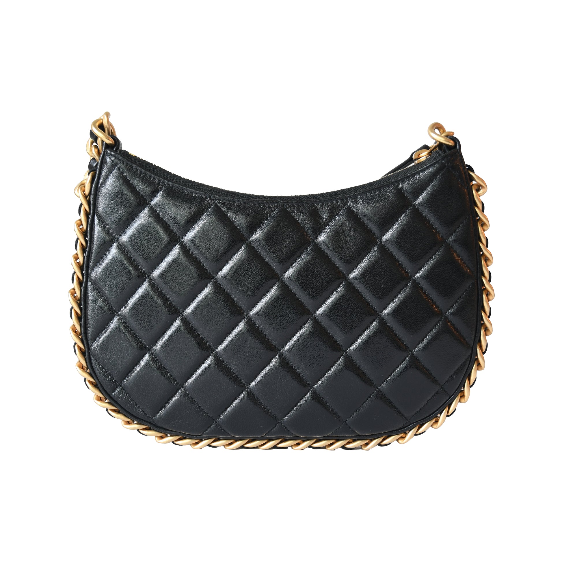 Chanel Quilted Lambskin Round Hobo Shoulder Bag Gold Hardware Black-NOBLEMARS