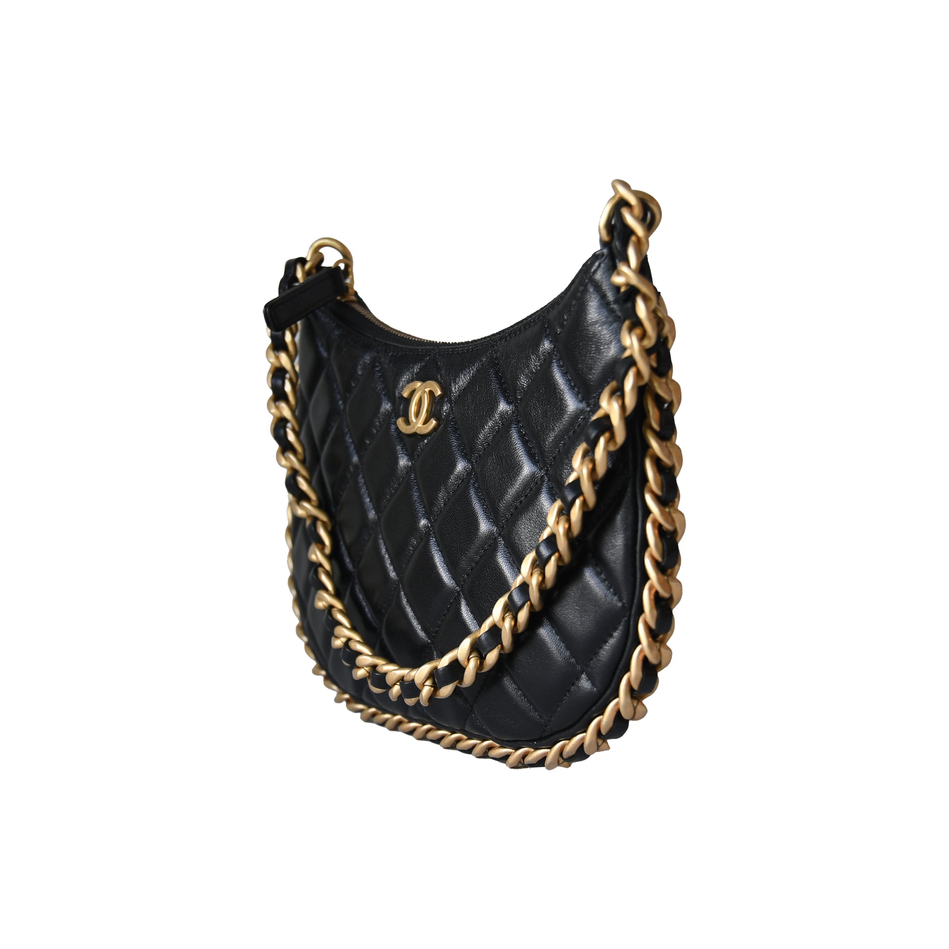 Chanel Quilted Lambskin Round Hobo Shoulder Bag Gold Hardware Black-NOBLEMARS