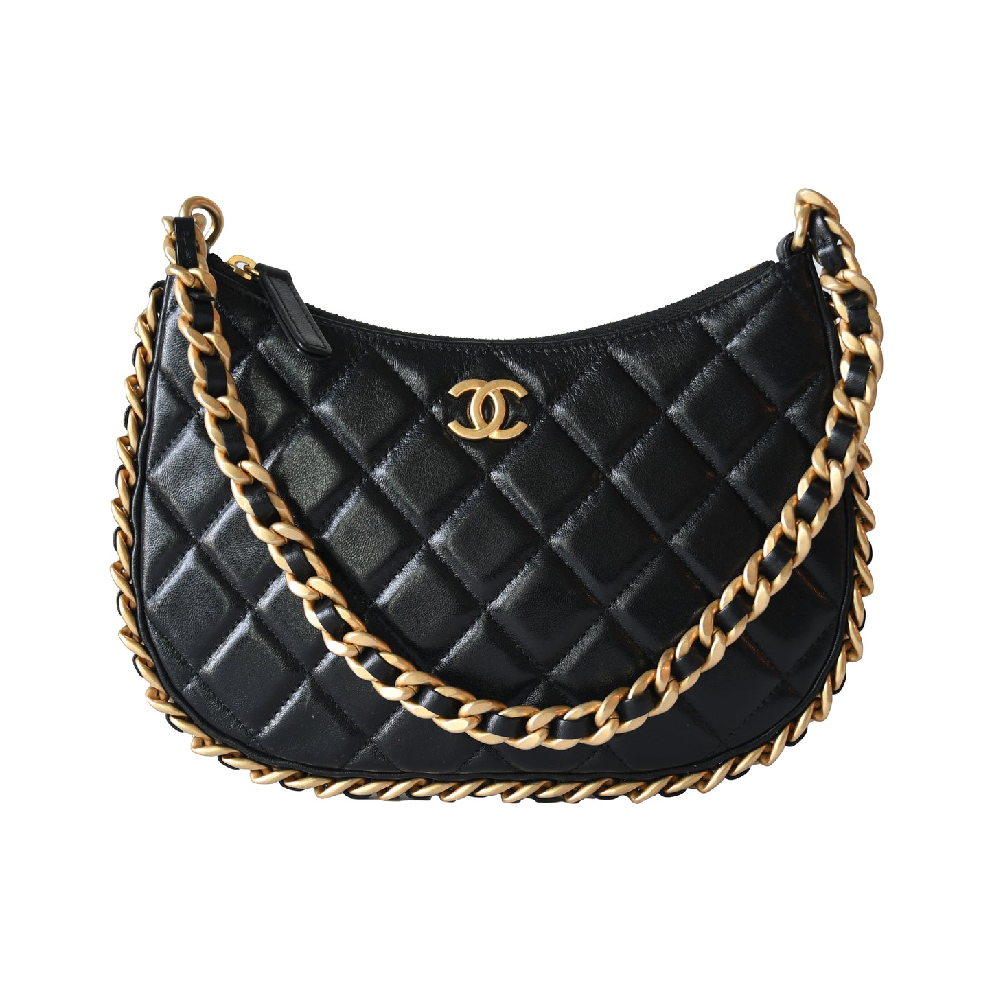 Chanel Quilted Lambskin Round Hobo Shoulder Bag Gold Hardware Black-NOBLEMARS