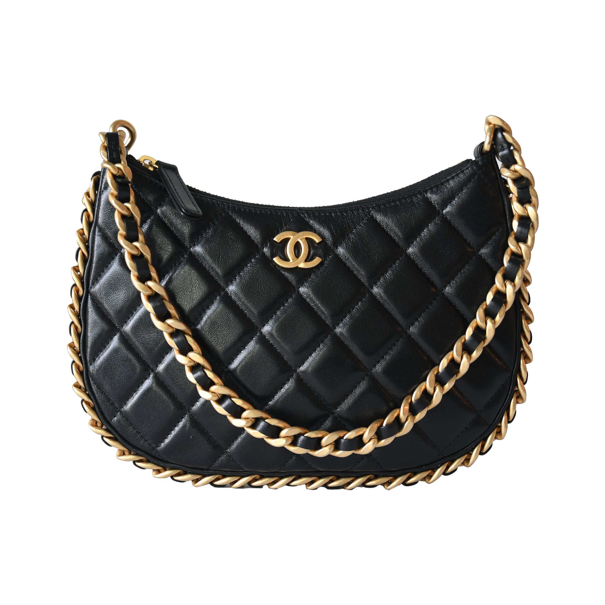 Chanel Quilted Lambskin Round Hobo Shoulder Bag Gold Hardware Black-NOBLEMARS
