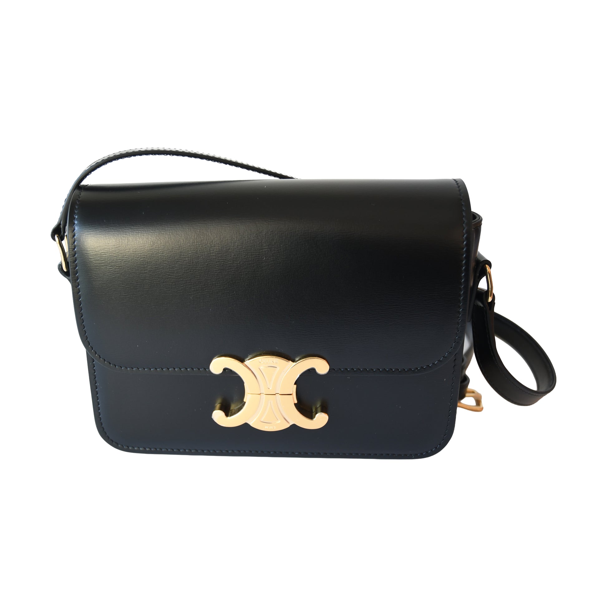 Celine Shiny Calfskin Teen Triomphe Shoulder Bag Black-NOBLEMARS