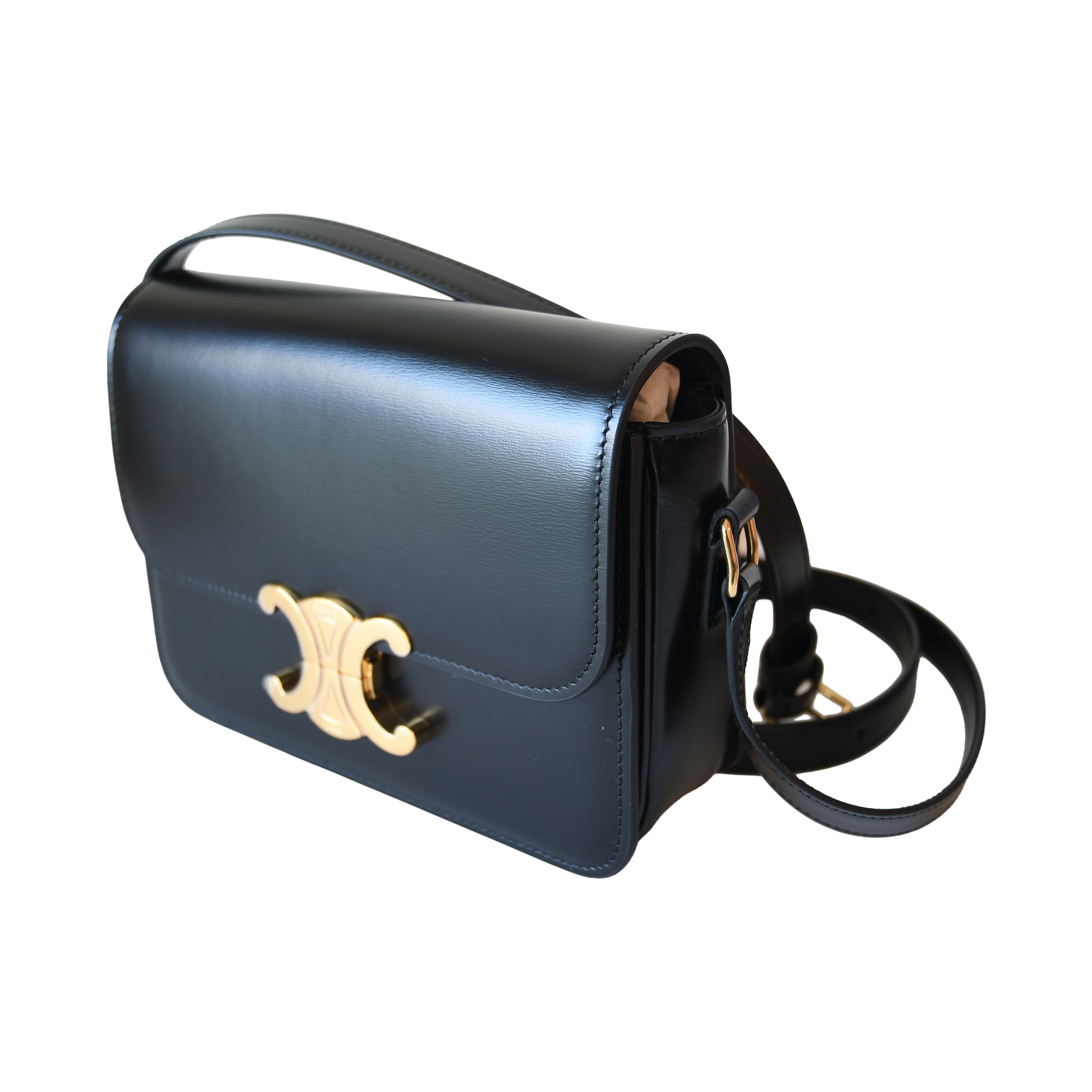 Celine Shiny Calfskin Teen Triomphe Shoulder Bag Black-NOBLEMARS
