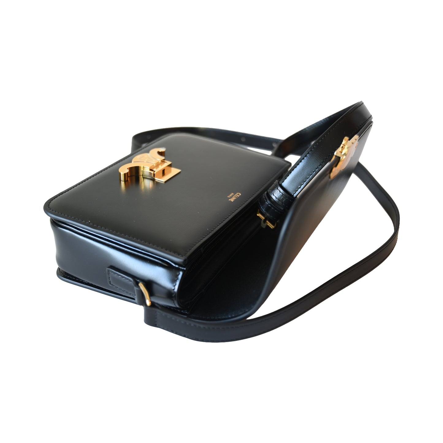 Celine Shiny Calfskin Teen Triomphe Shoulder Bag Black-NOBLEMARS