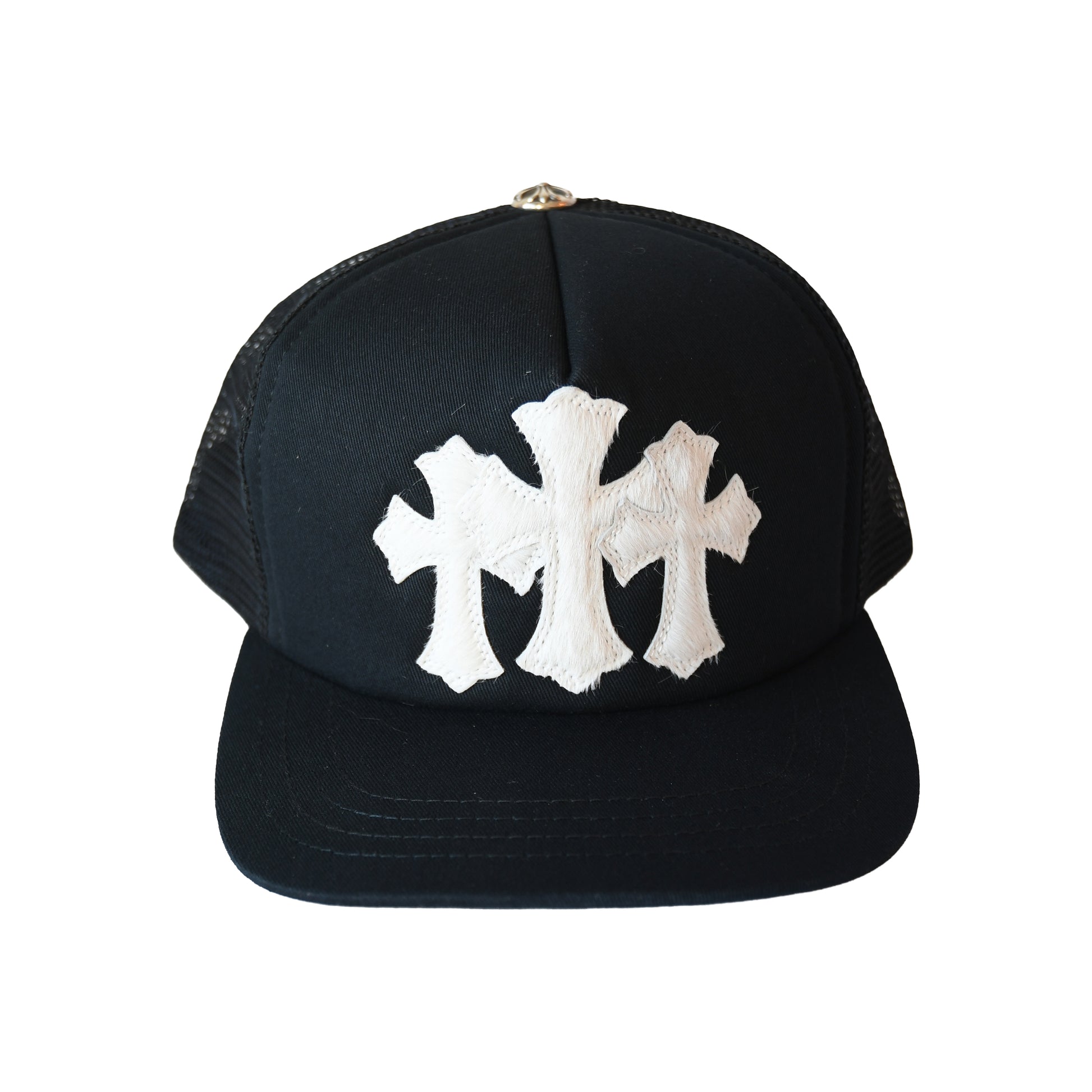 Chrome Hearts Pony Hair Cemetery Cross Patch Trucker Hat Black-NOBLEMARS