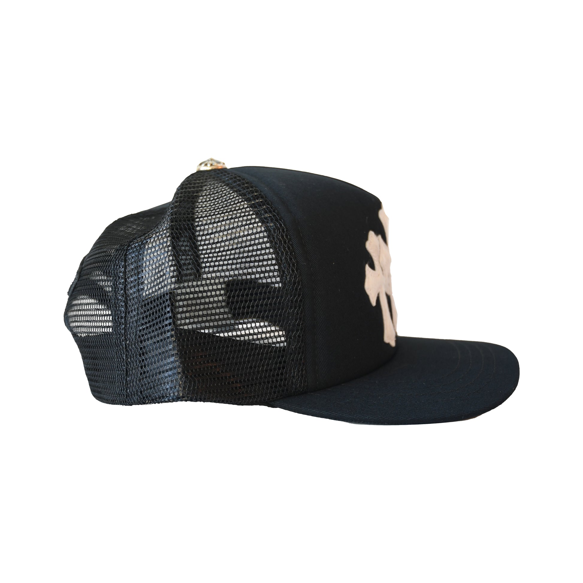 Chrome Hearts Pony Hair Cemetery Cross Patch Trucker Hat Black-NOBLEMARS