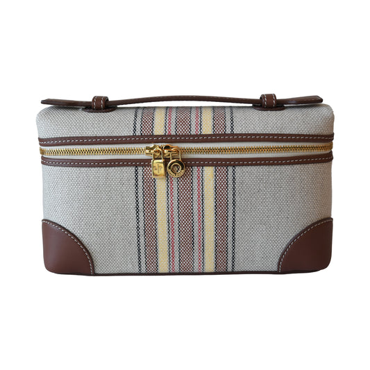 Loro Piana Extra Pocket L19 Pouch Canvas Stripes Gold Hardware Caramel Sugar