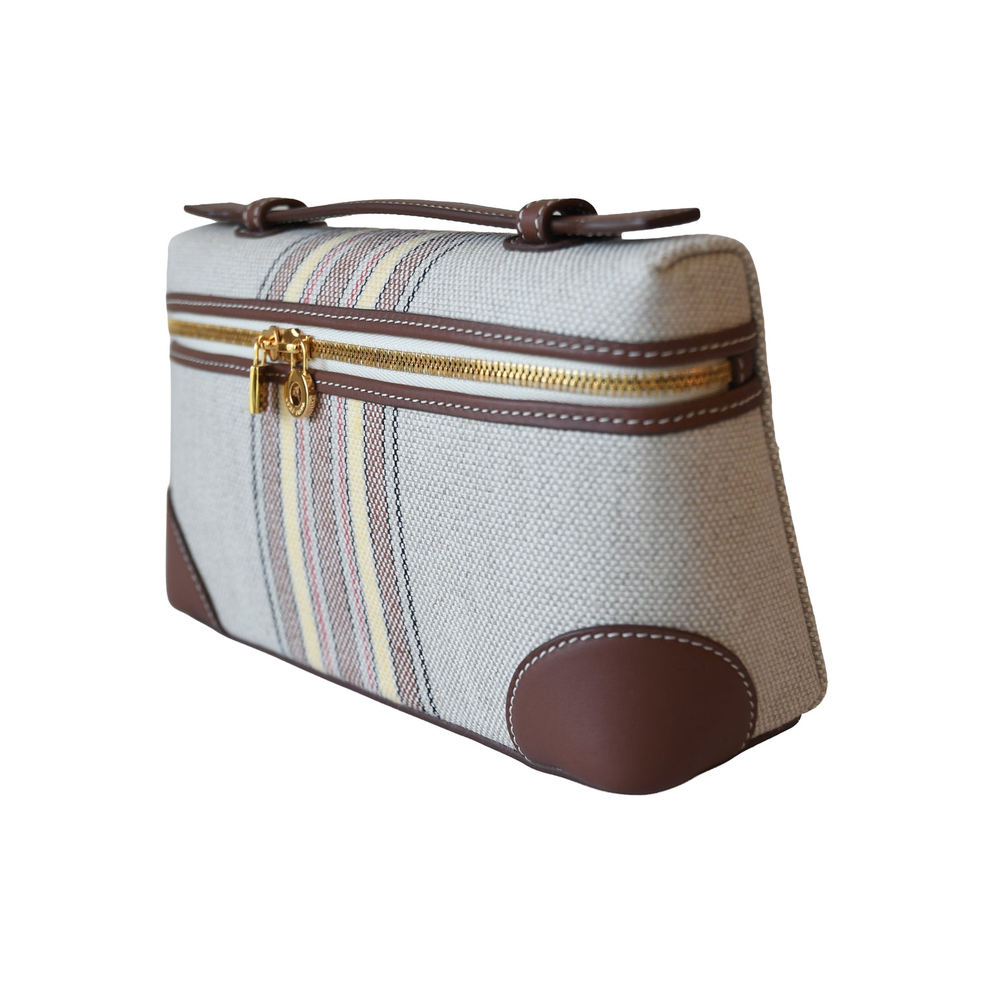 Loro Piana Extra Pocket L19 Pouch Canvas Stripes Gold Hardware Caramel Sugar