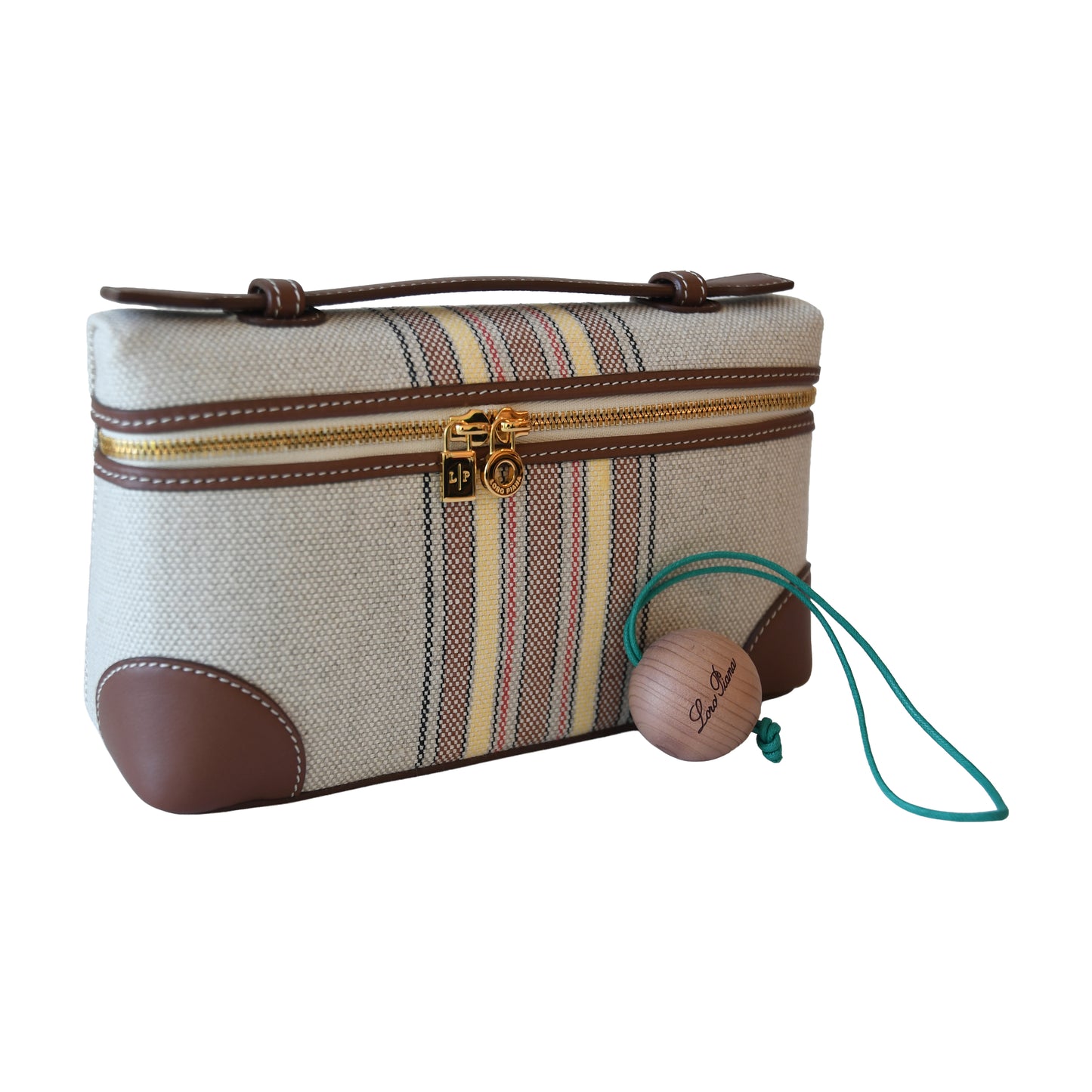 Loro Piana Extra Pocket L19 Pouch Canvas Stripes Gold Hardware Caramel Sugar