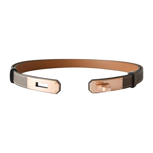 Hermes Kelly 18 Belt Epsom Calfskin Adjustable Belt Rose Gold Hardware Etoupe