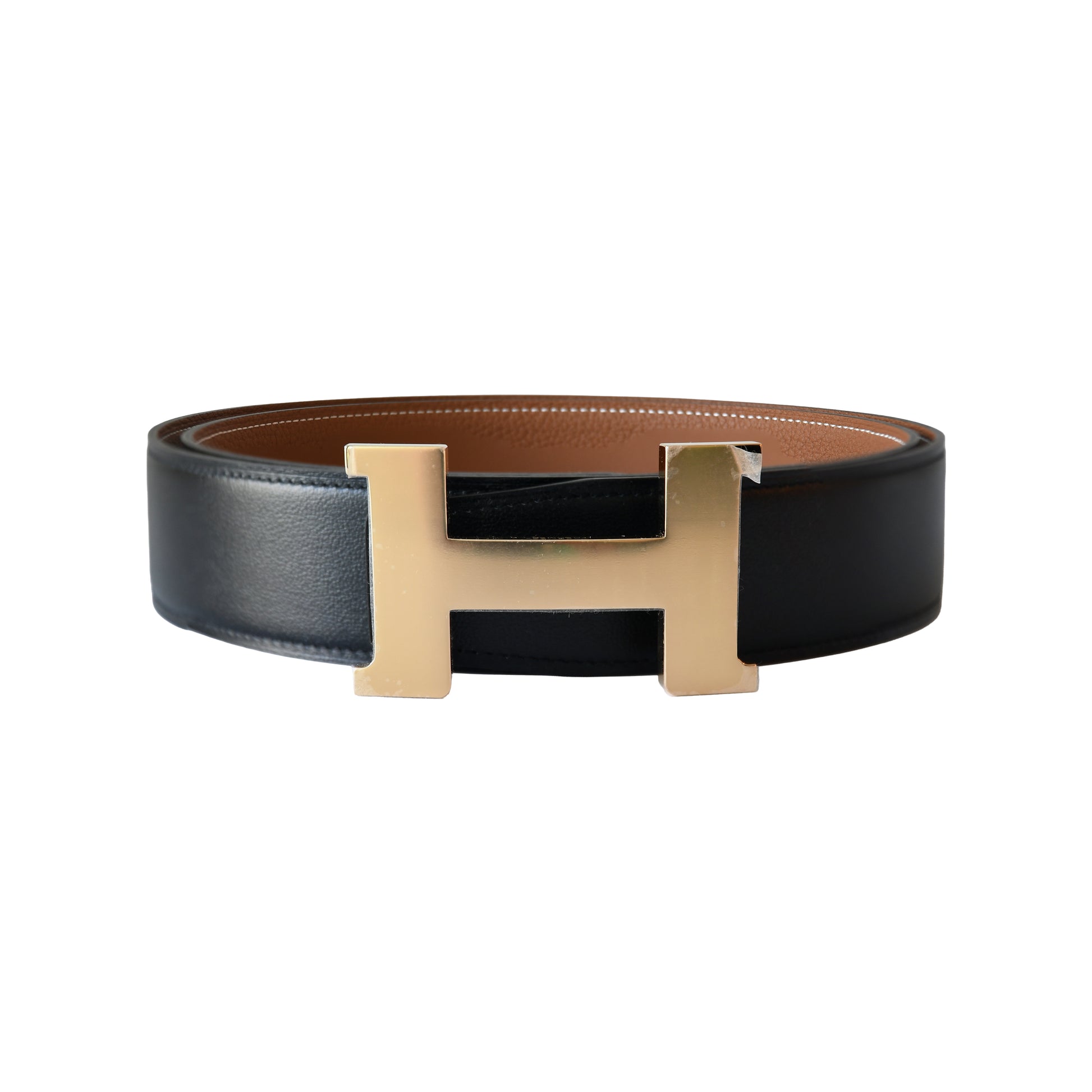 Hermes 38mm Gold H-Shaped buckle Reversible Leather Belt Gold Hardware Black-NOBLEMARS