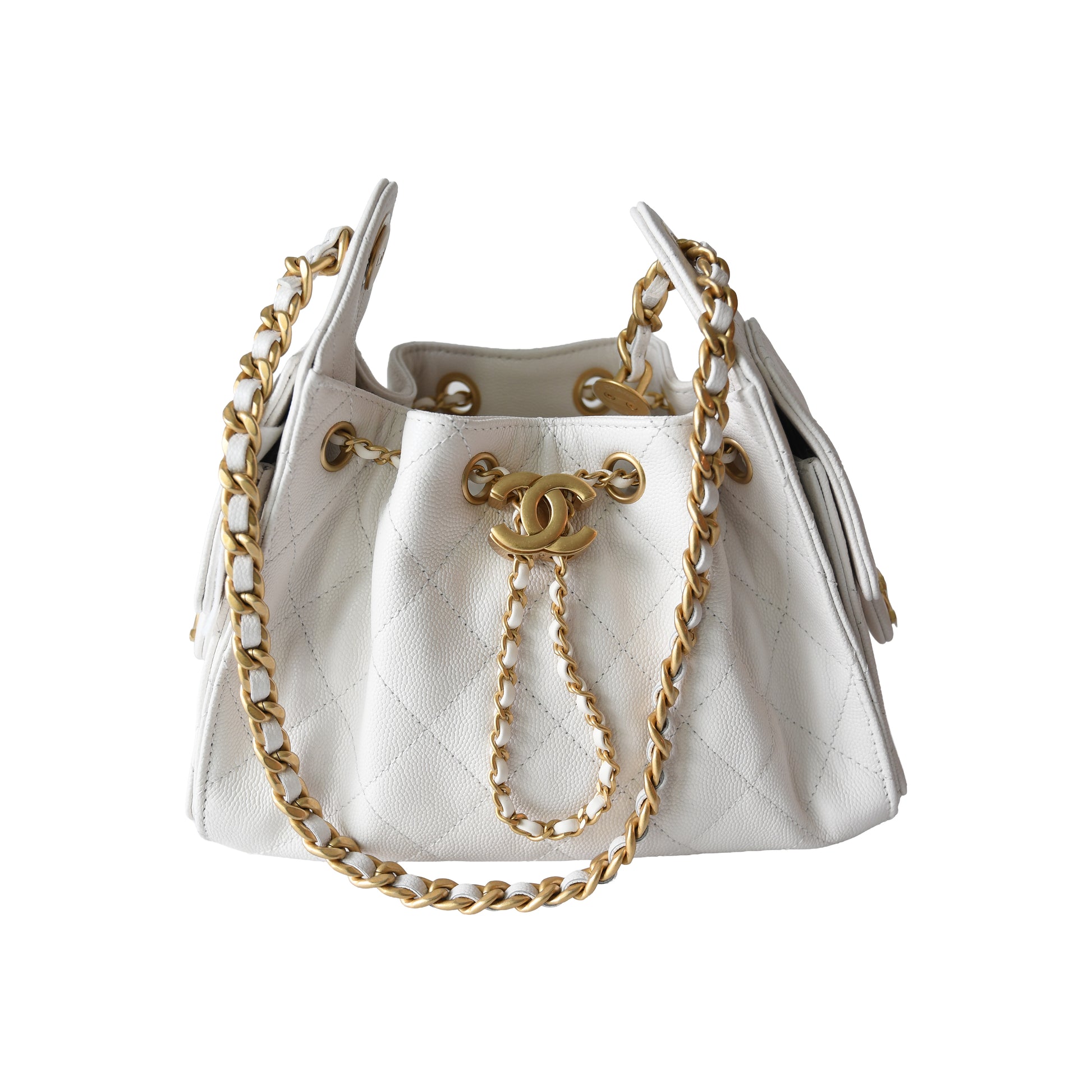 Chanel Caviar Quilted Mini 25 Hobo Bags Gold Hardware White-NOBLEMARS