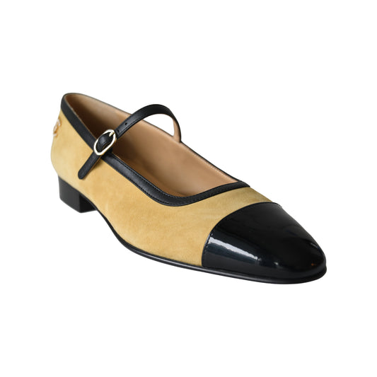 Chanel Mary Jane Ankle Strap Flats Beige Black