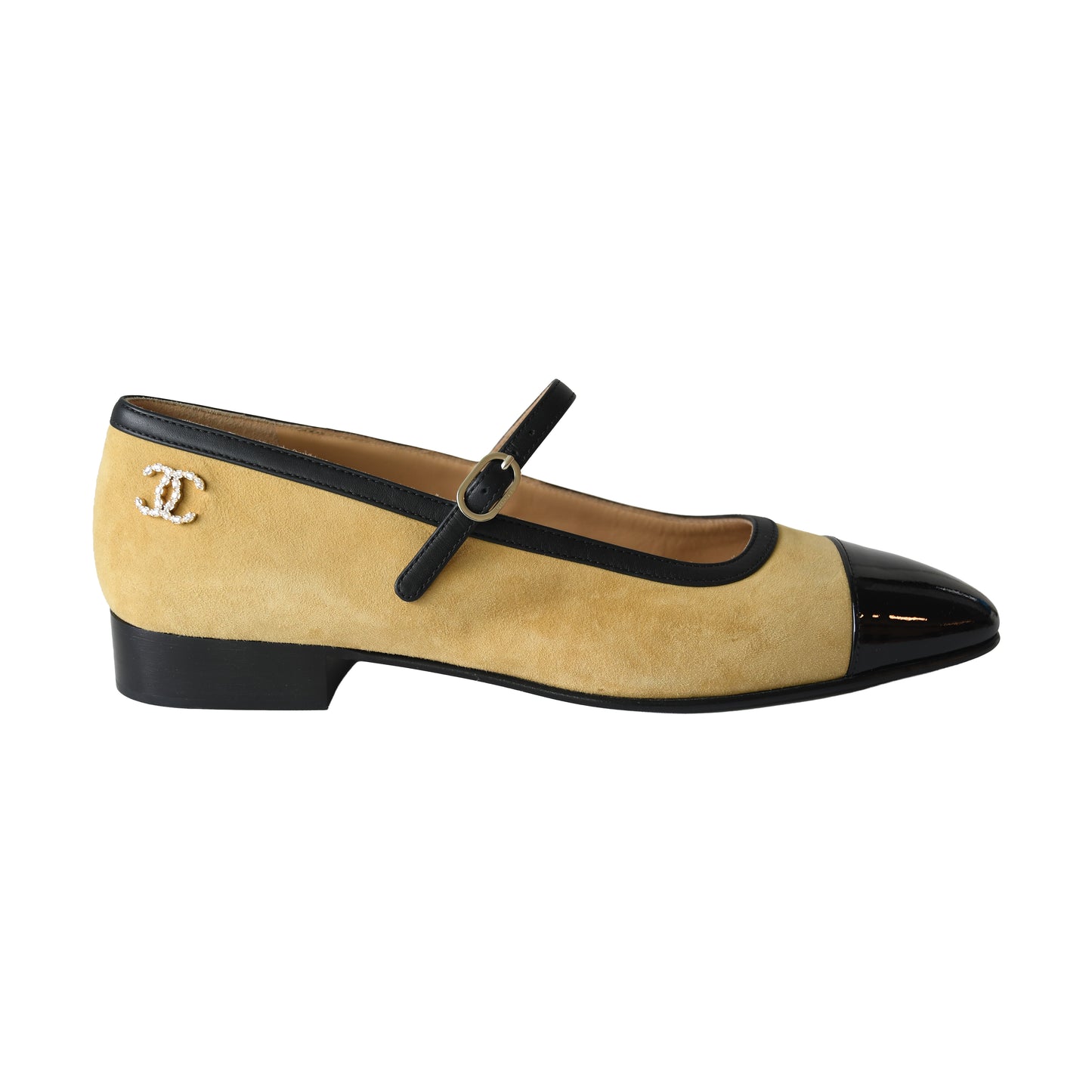 Chanel Mary Jane Ankle Strap Flats Beige Black-NOBLEMARS