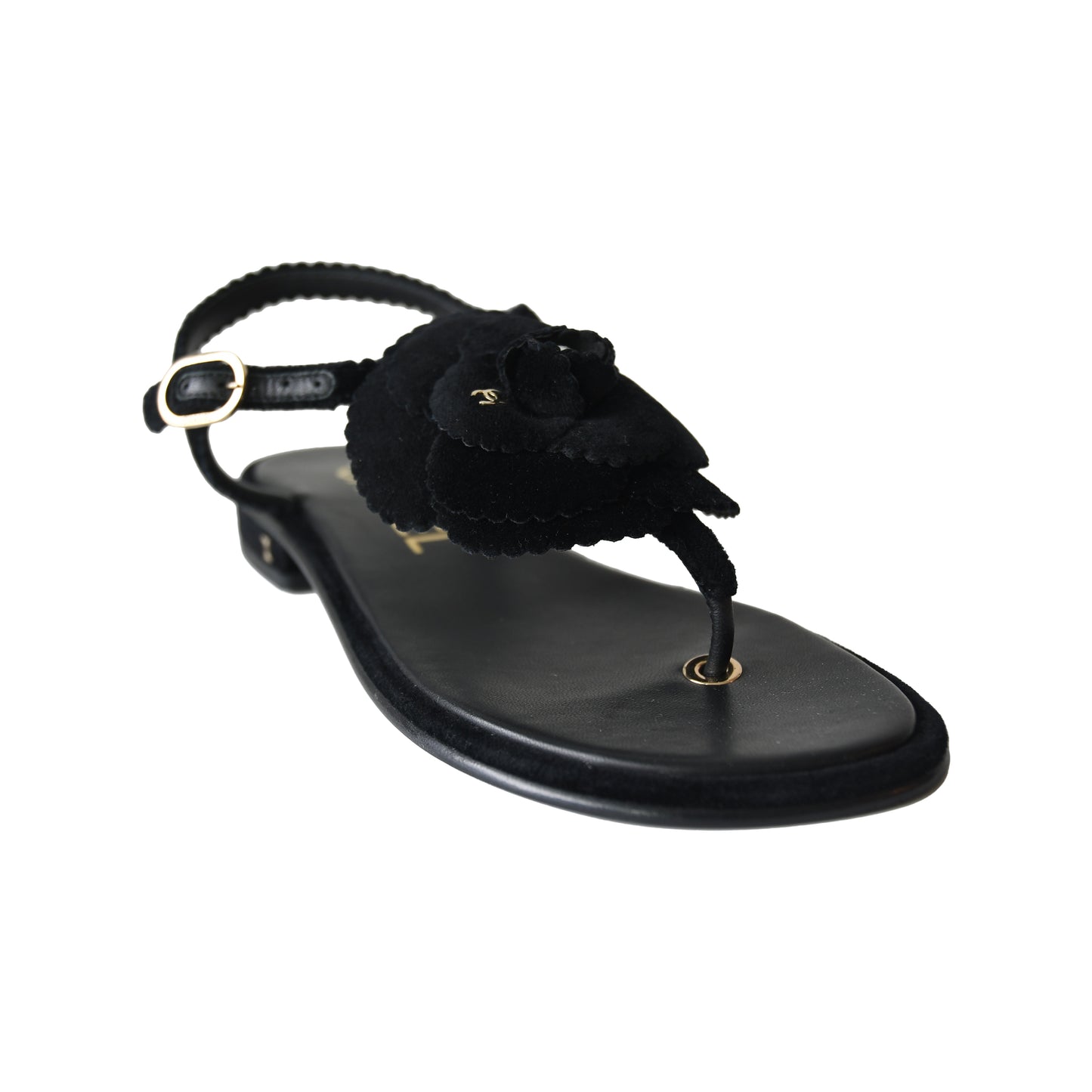 Chanel Velvet Pearl Camellia Thong Sandals Black-NOBLEMARS
