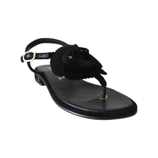 Chanel Velvet Pearl Camellia Thong Sandals Black
