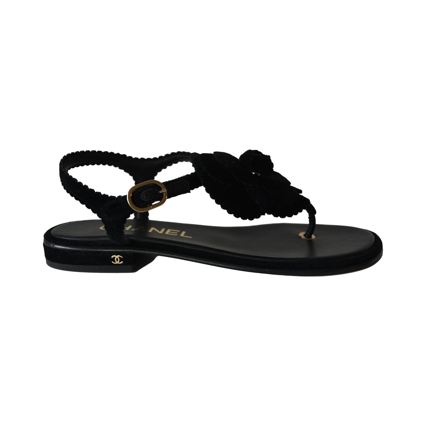 Chanel Velvet Pearl Camellia Thong Sandals Black-NOBLEMARS