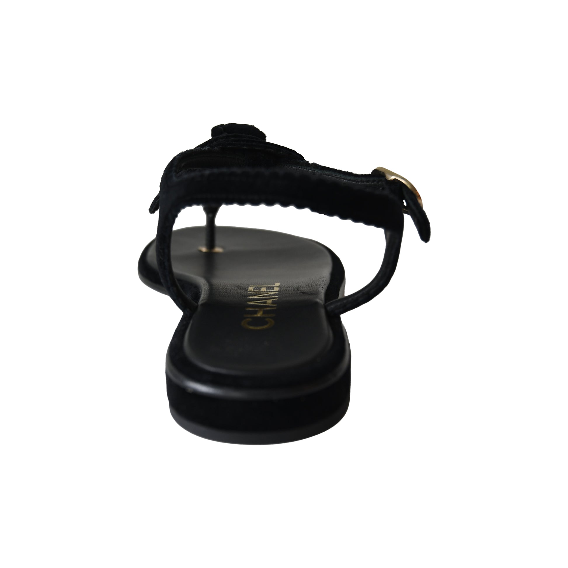 Chanel Velvet Pearl Camellia Thong Sandals Black-NOBLEMARS