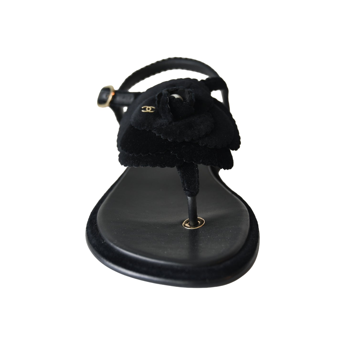 Chanel Velvet Pearl Camellia Thong Sandals Black-NOBLEMARS