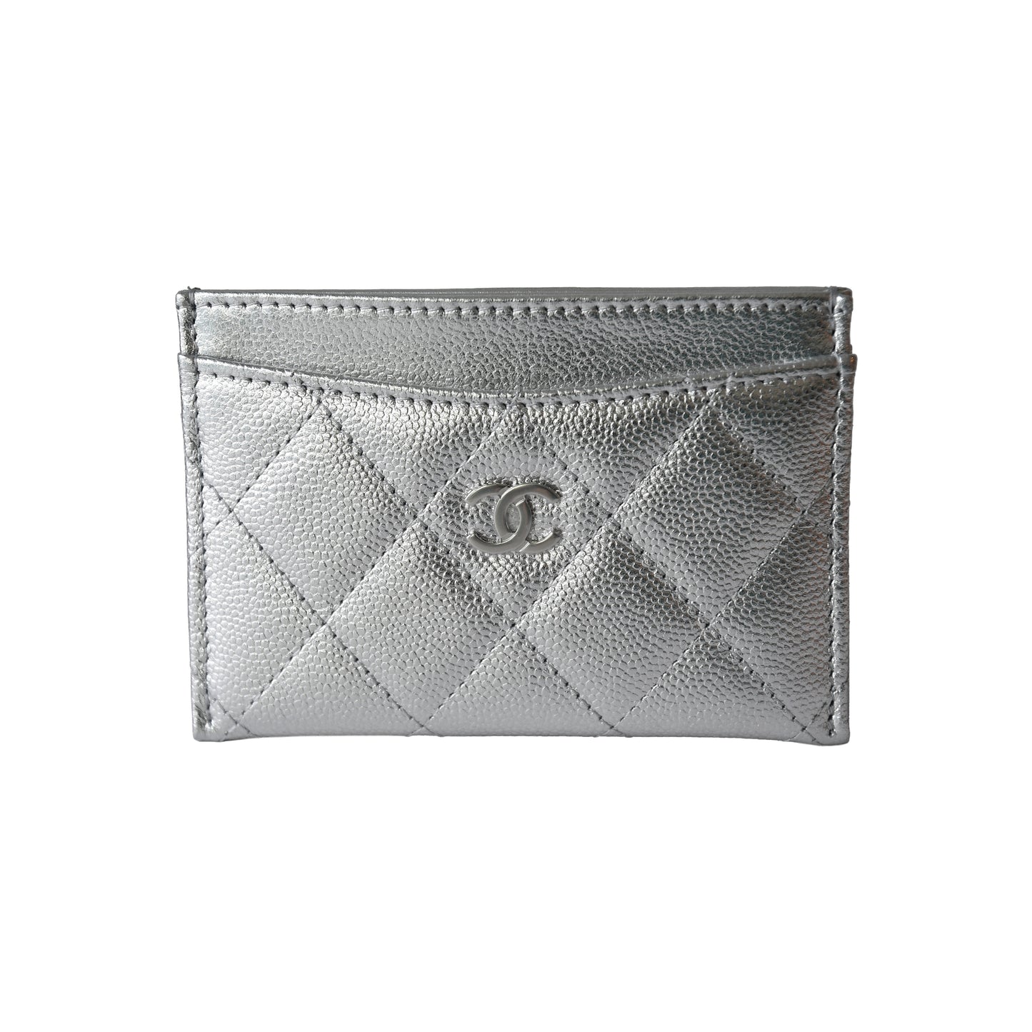 Chanel Metallic Lambskin Quilted CC Card Holder Silver-NOBLEMARS