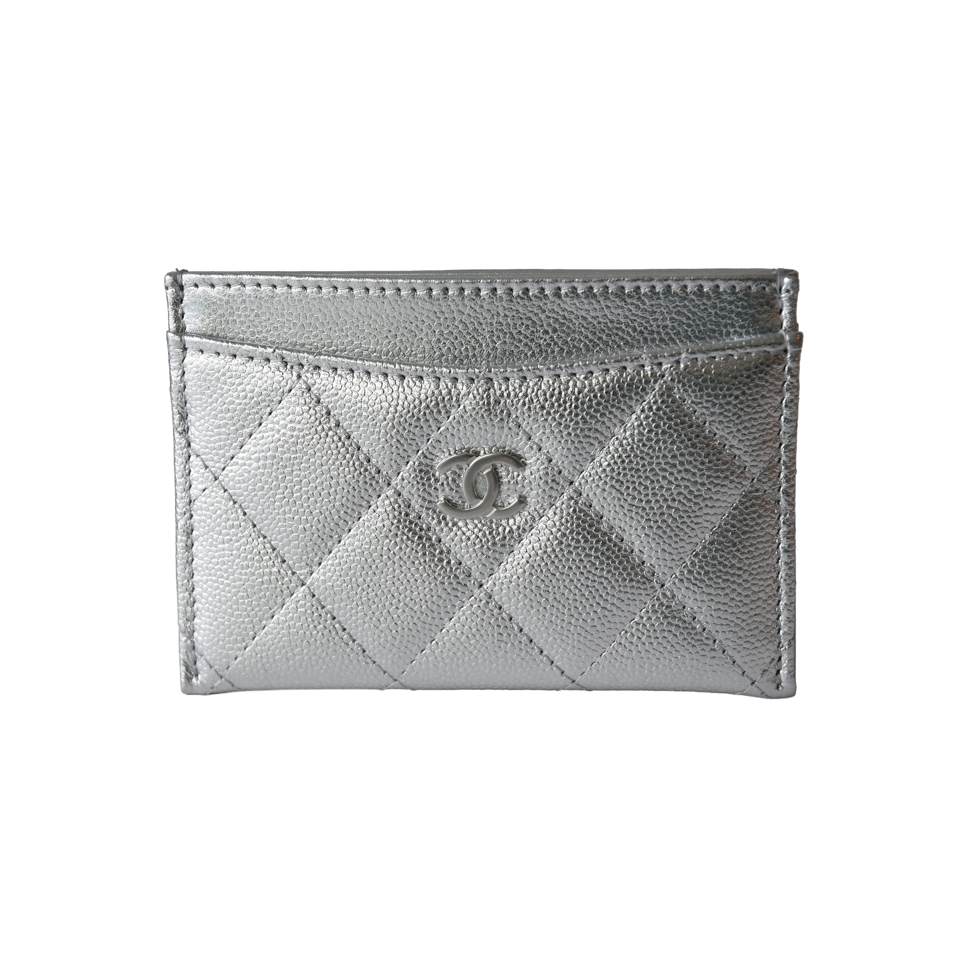 Chanel Metallic Lambskin Quilted CC Card Holder Silver-NOBLEMARS
