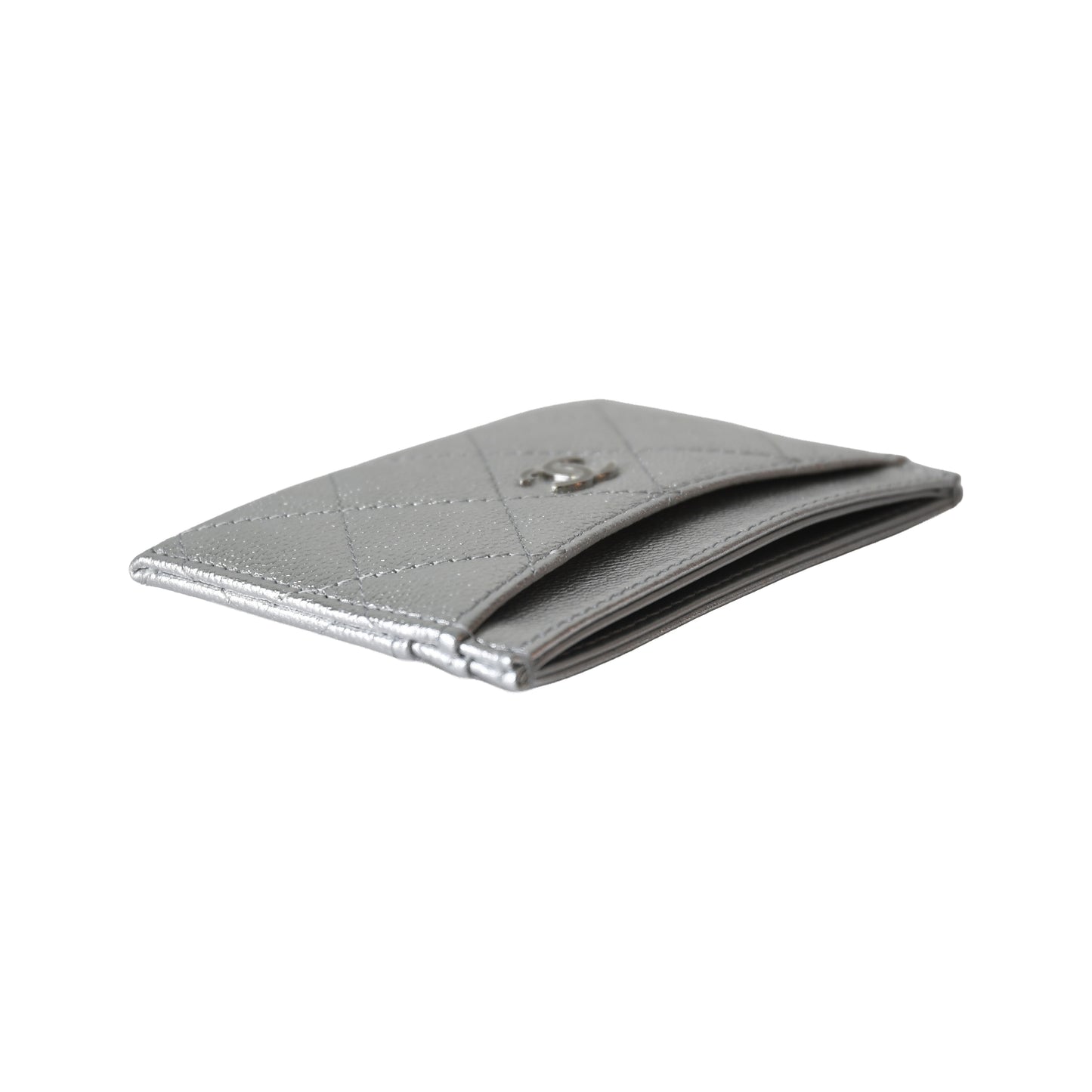 Chanel Metallic Lambskin Quilted CC Card Holder Silver-NOBLEMARS