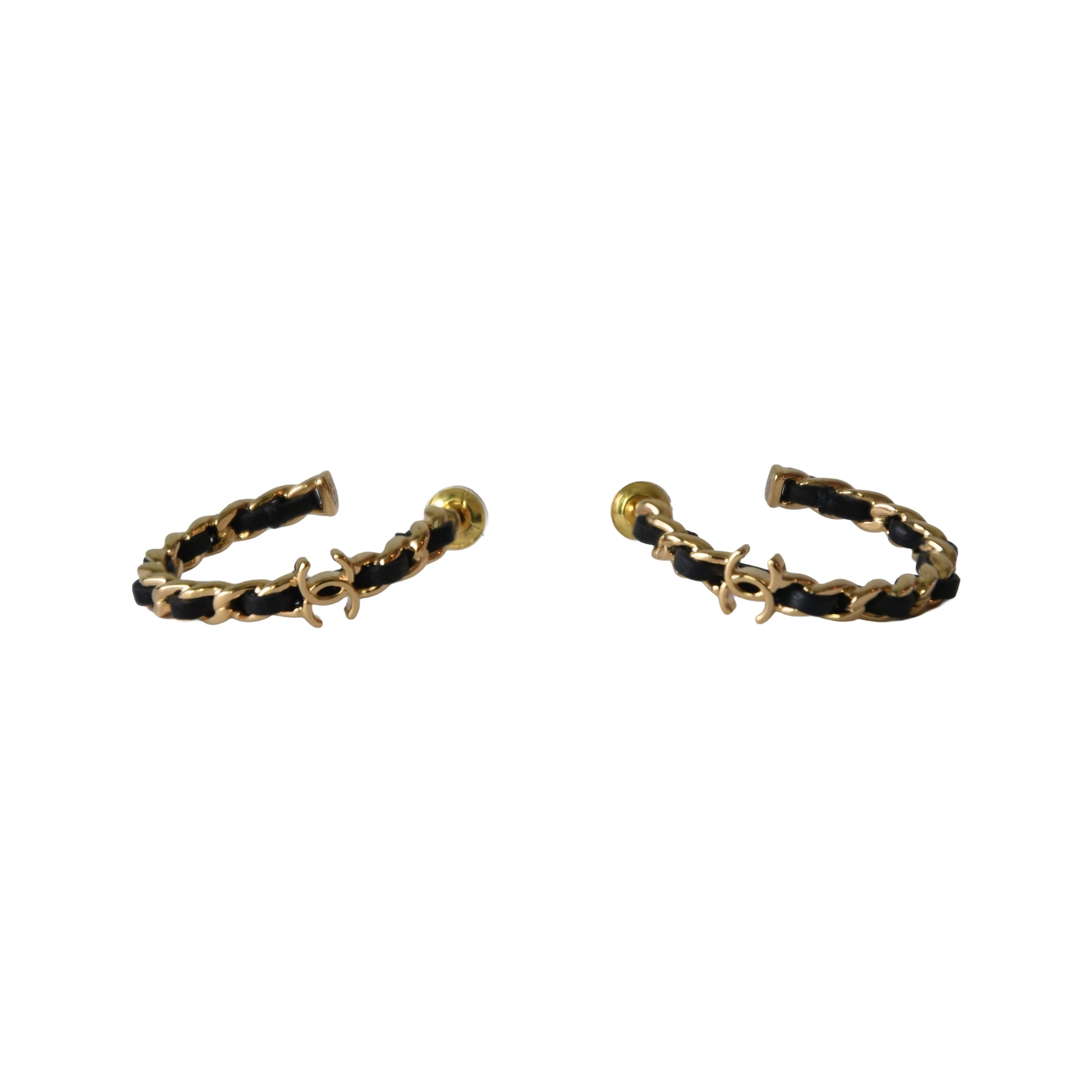 Chanel 26p Woven Leather Metal Chain Hoop Earrings Gold Black-NOBLEMARS