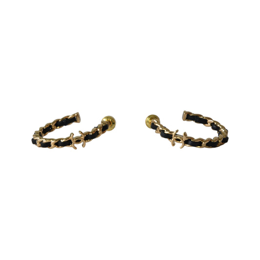 Chanel 26p Woven Leather Metal Chain Hoop Earrings Gold Black