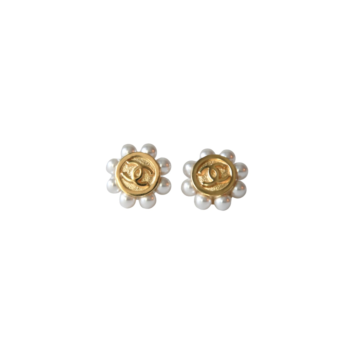 Chanel 26p CC Pearl Surround Stud Earrings Gold