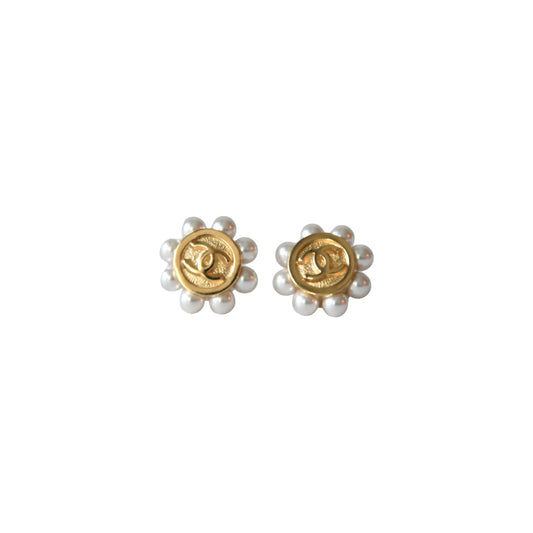 Chanel 26p CC Pearl Surround Stud Earrings Gold